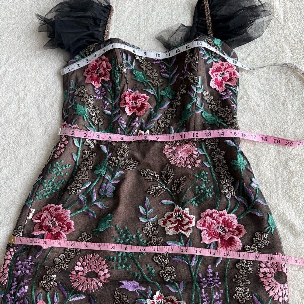 Floral Embroidered Mesh Cocktail Dress with Tulle Shoulders - Pink/Green - Picture 4 of 13
